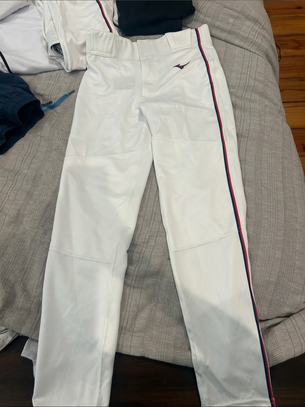 Mizuno White Baseball Pants with Navy and Red Side Stripe